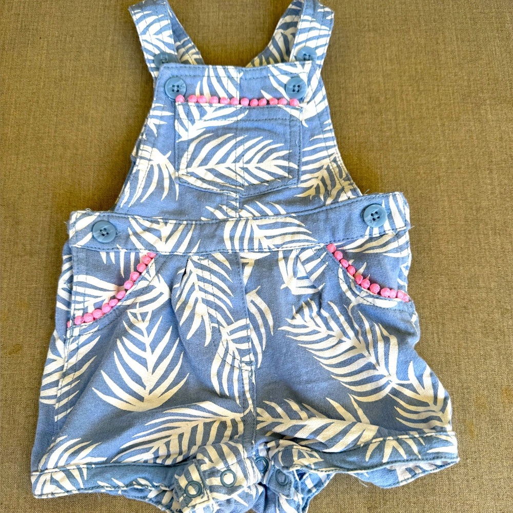 Carter's, Blue, White & Pink Overall Shorts with Tropical Print, Size 6 Months